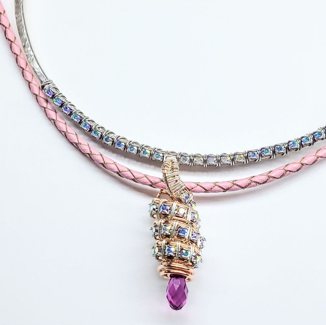Copper Silver Tubular Wire Coiled  Fuchsia Crystal  Drop Pendant Necklace