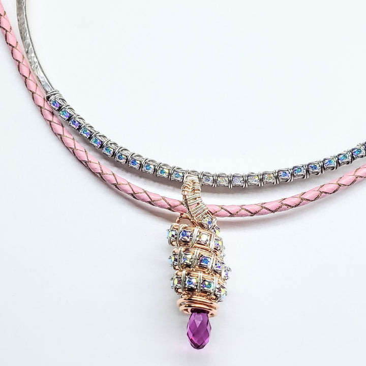 Copper Silver Tubular Wire Coiled  Fuchsia Crystal  Drop Pendant Necklace