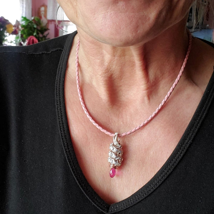 Copper Silver Tubular Wire Coiled  Fuchsia Crystal  Drop Pendant Necklace