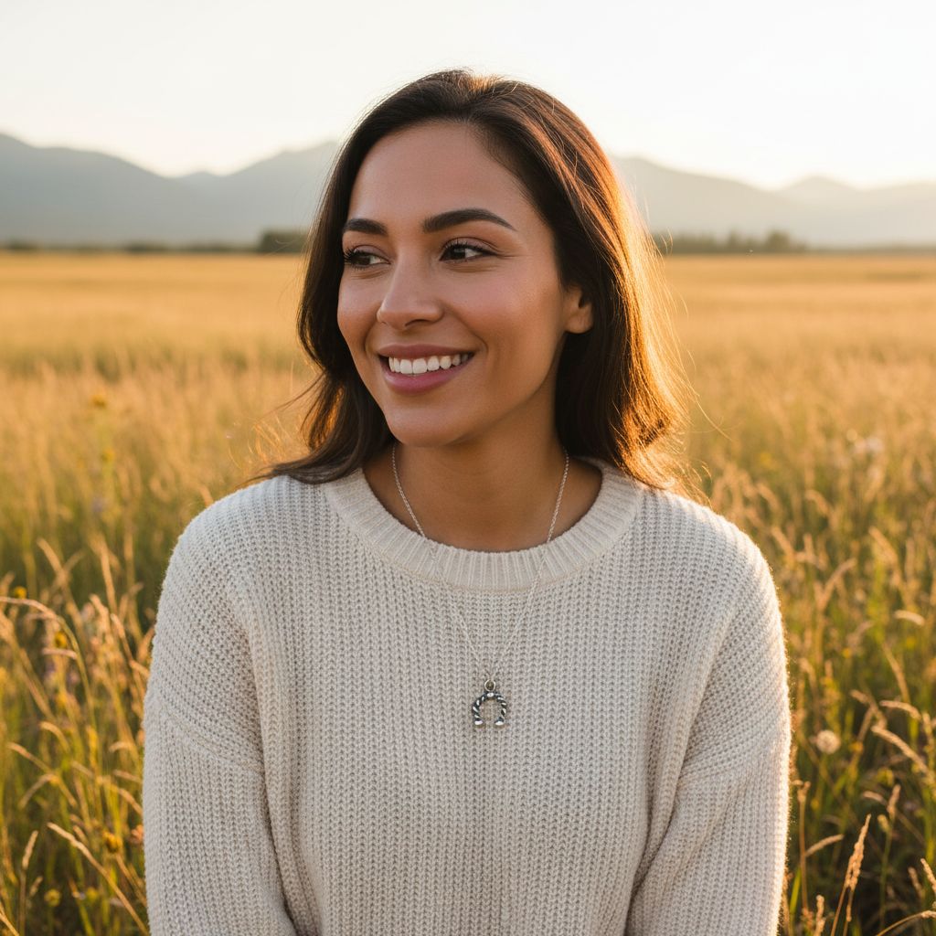 A woman smiling while wearing handmade sterling silver horseshoe jewelry in a golden field at sunset.