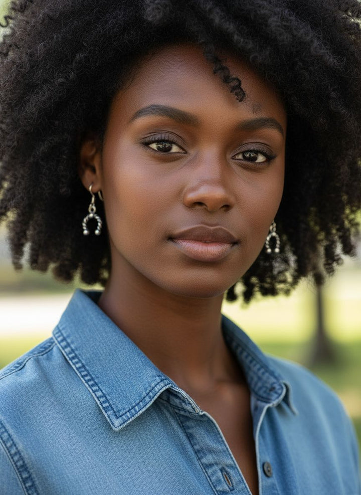 Close-up of a woman with curly hair wearing handmade sterling silver horseshoe jewelry earrings.