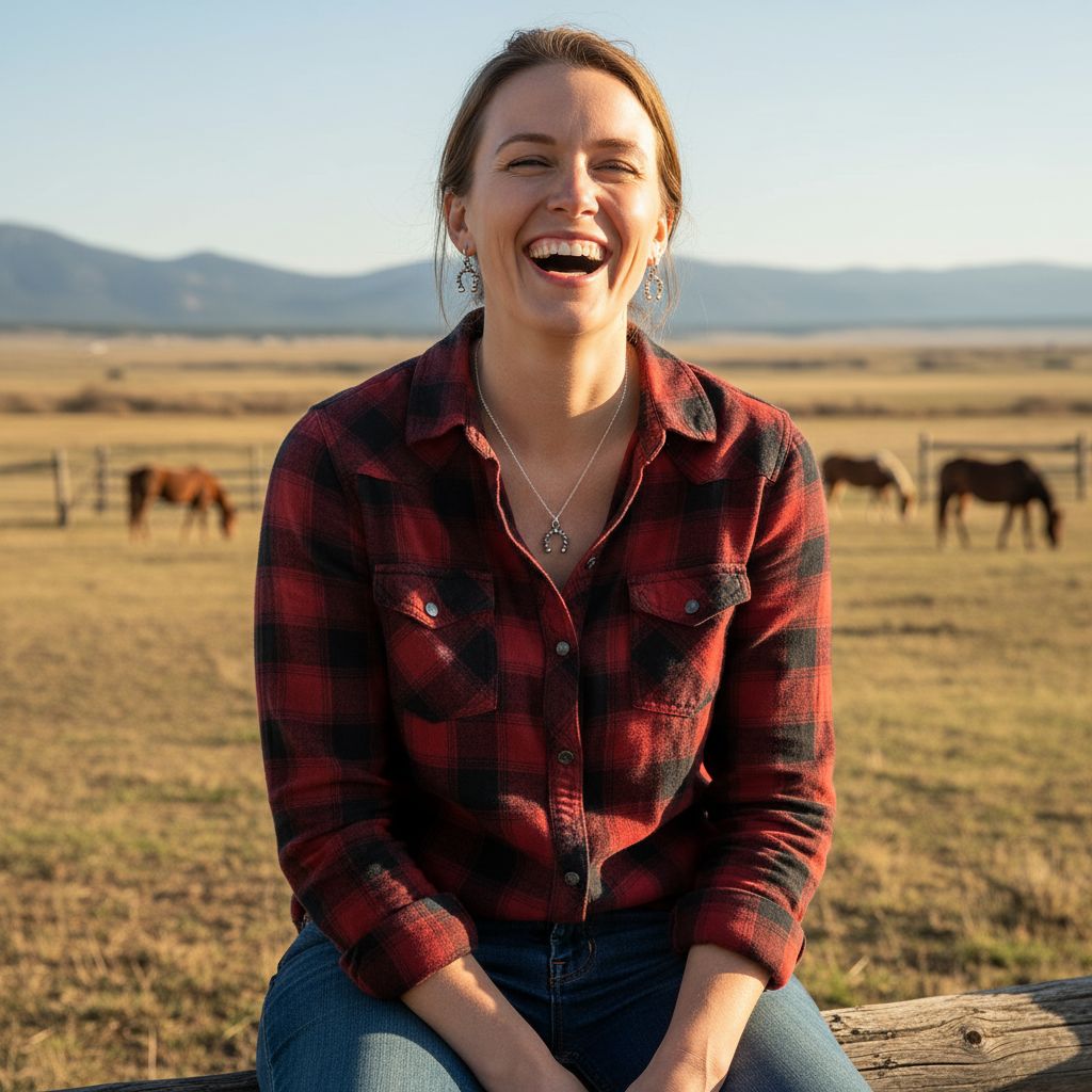 Woman wearing handmade sterling silver horseshoe jewelry, smiling outdoors with horses in the background.