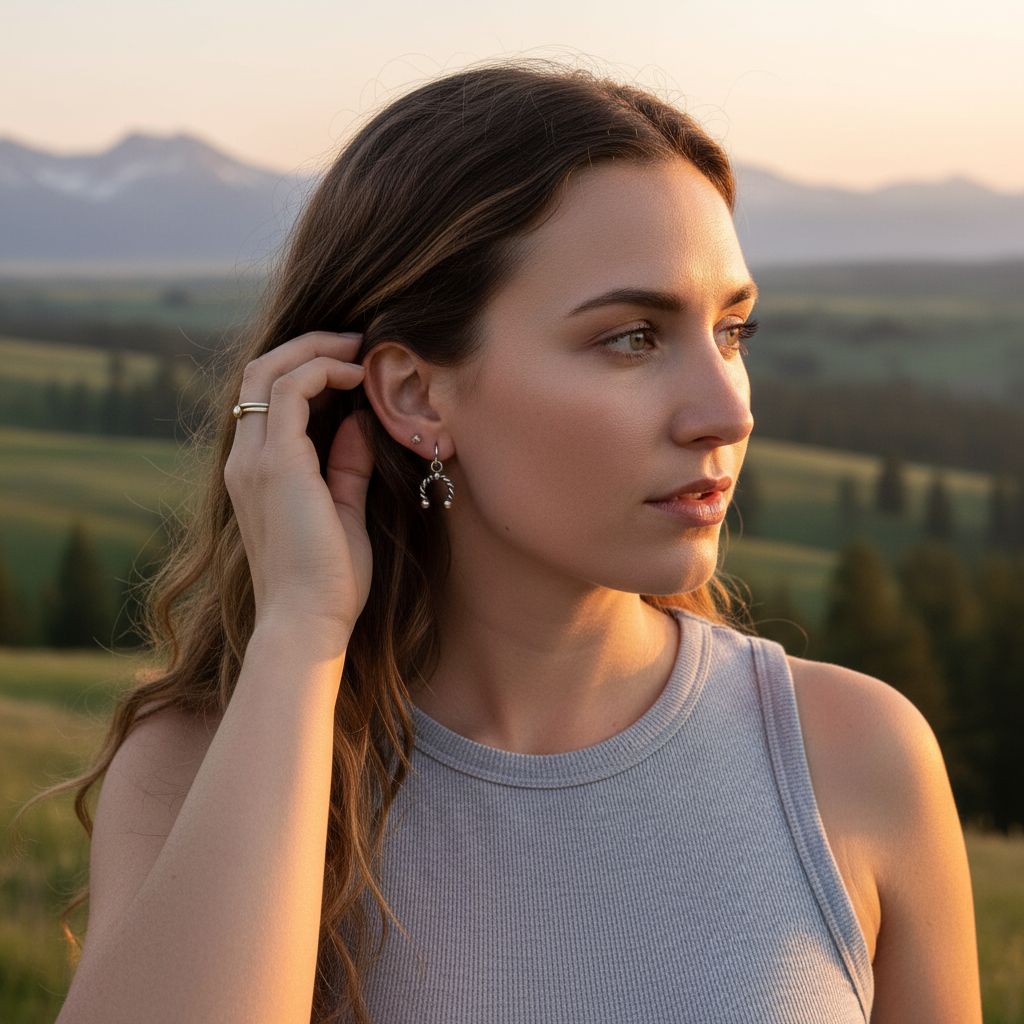 Model wearing handmade sterling silver horseshoe jewelry in a scenic outdoor setting during sunset.