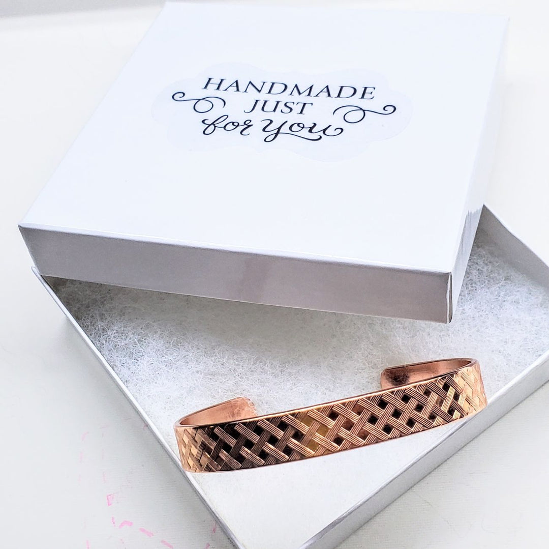 His and Her Copper Embossed Weave Cuff Set 16 Gauge