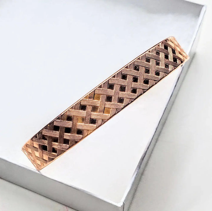His and Her Copper Embossed Weave Cuffs 16 Gauge, artisan-crafted couple&