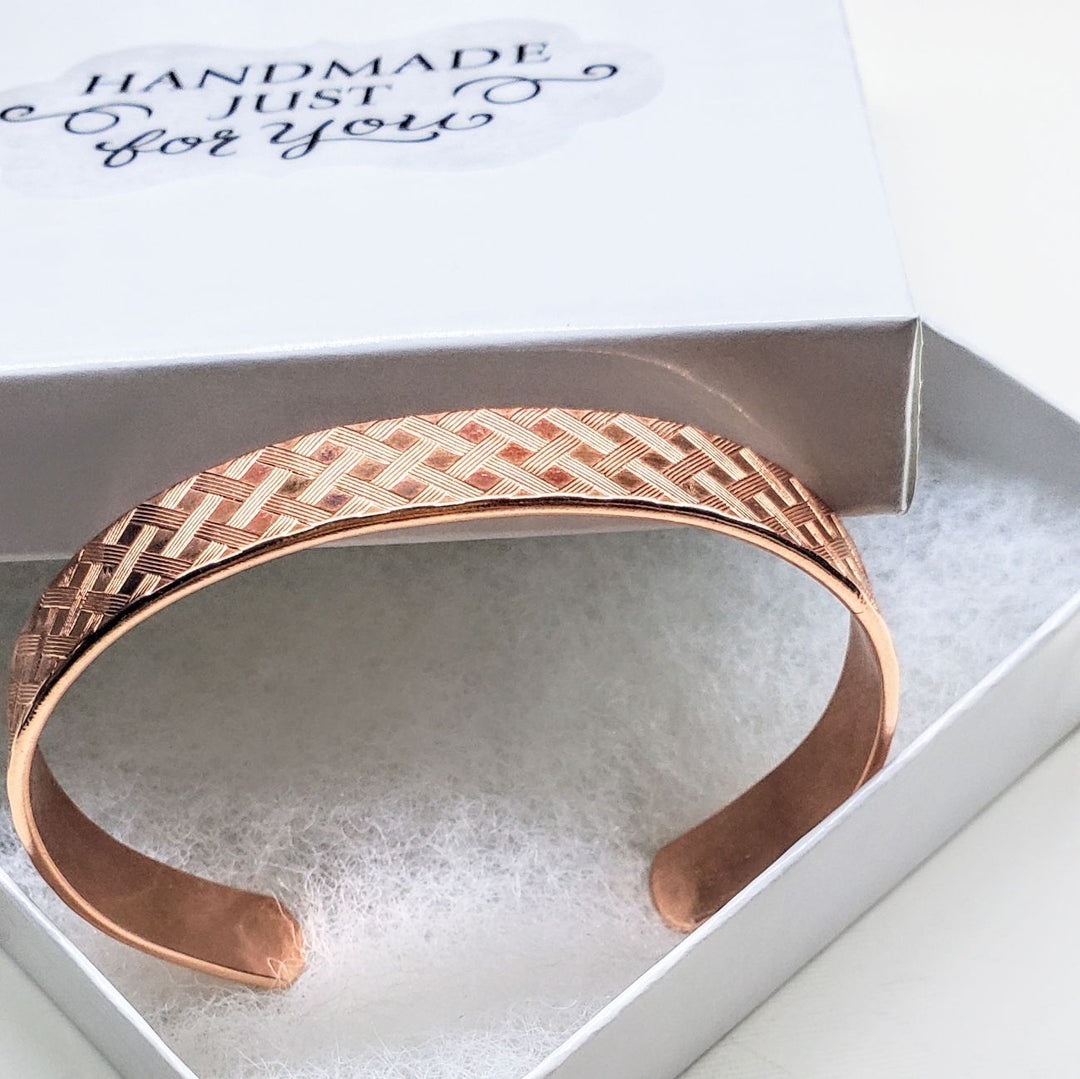His and Her Copper Embossed Weave Cuff Set 16 Gauge