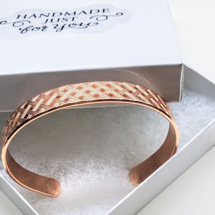His and Her Copper Embossed Weave Cuff Set 16 Gauge