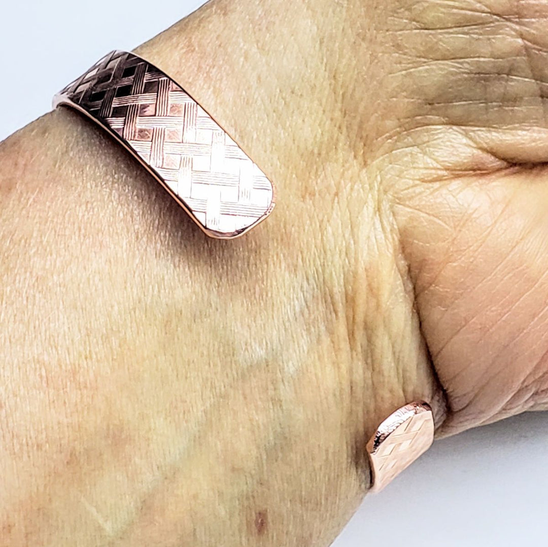His and Her Copper Embossed Weave Cuff Set 16 Gauge