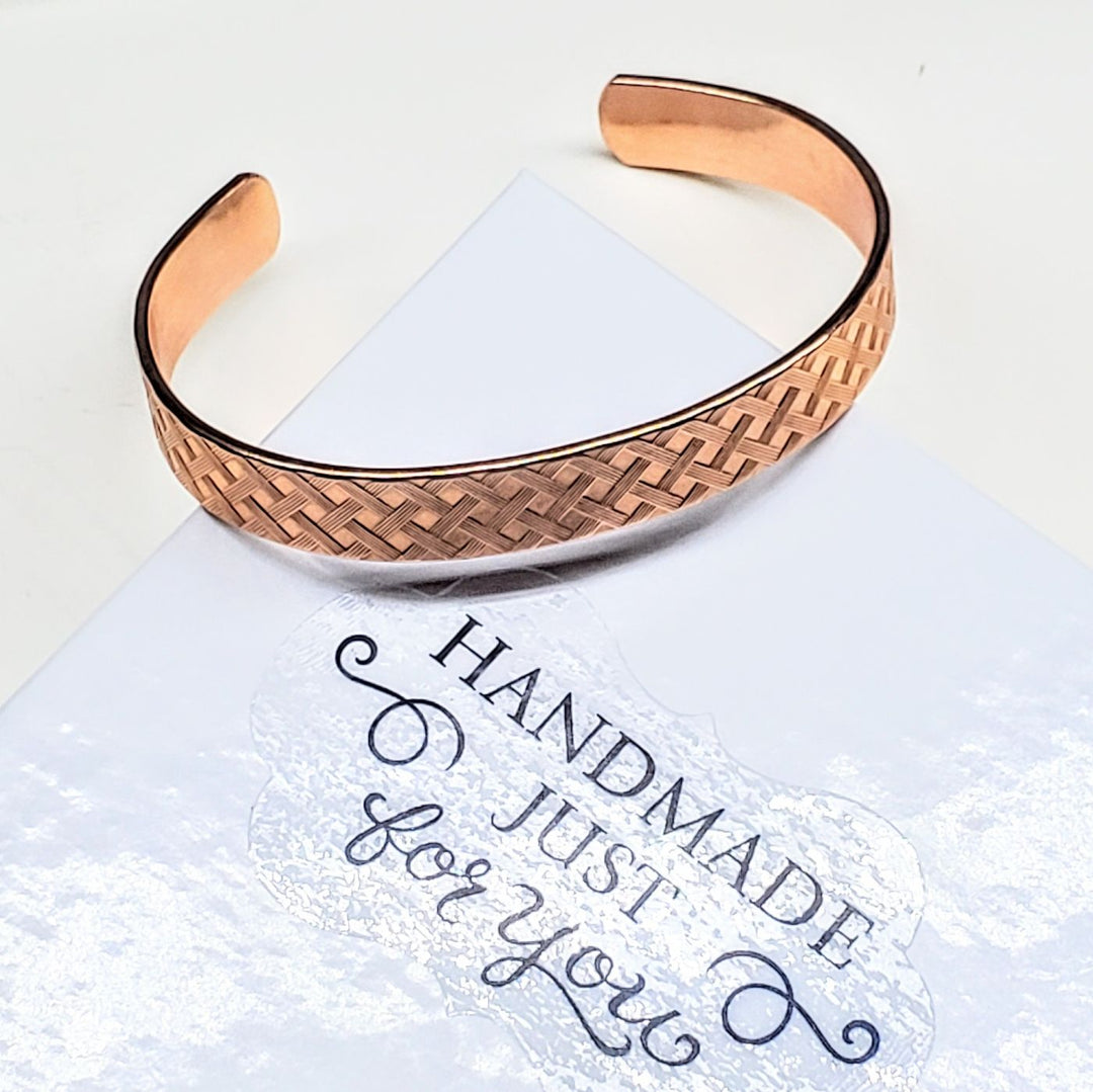 His and Her Copper Embossed Weave Cuff Set 16 Gauge