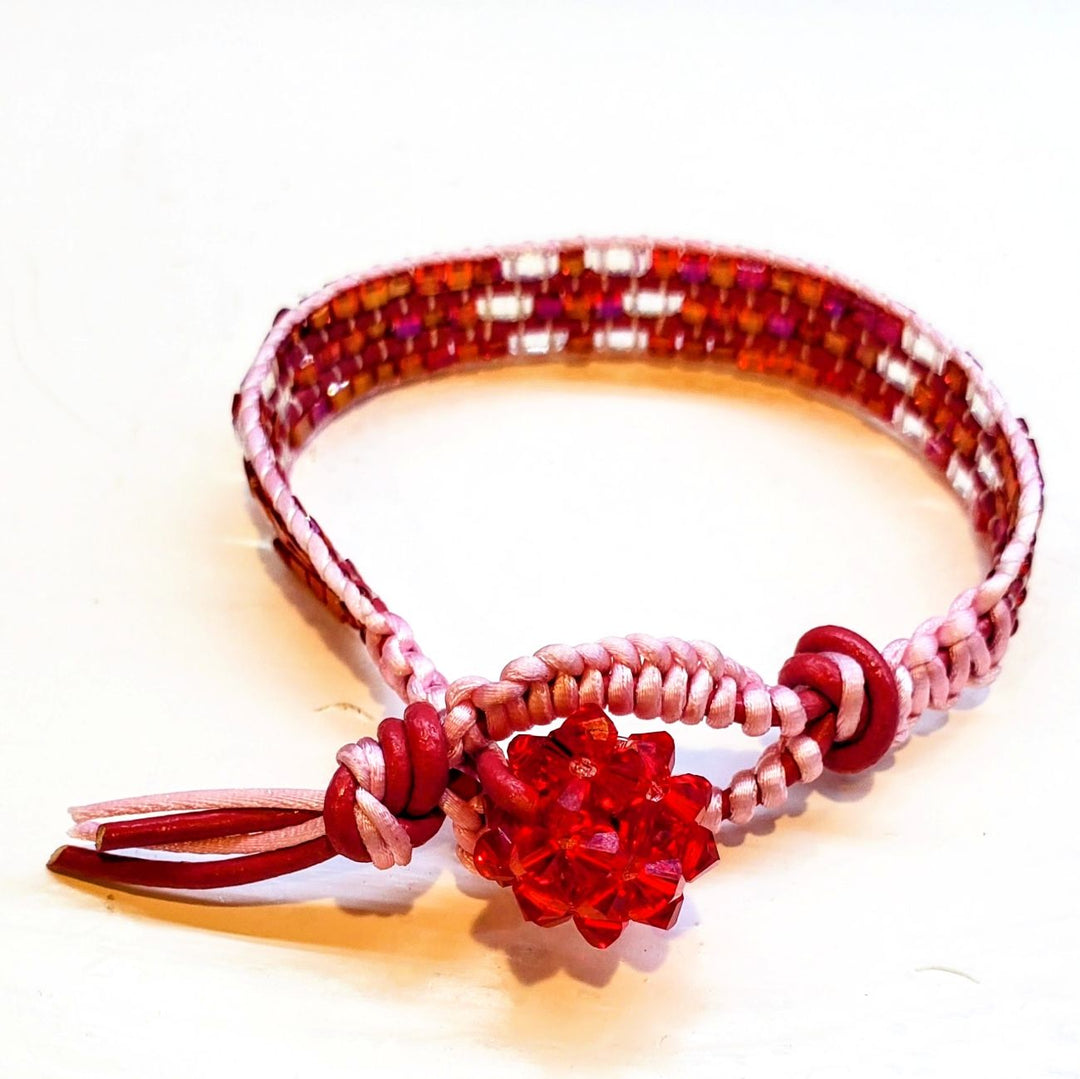 Leather Silk Bead Woven Crystal Button Glam Bracelet