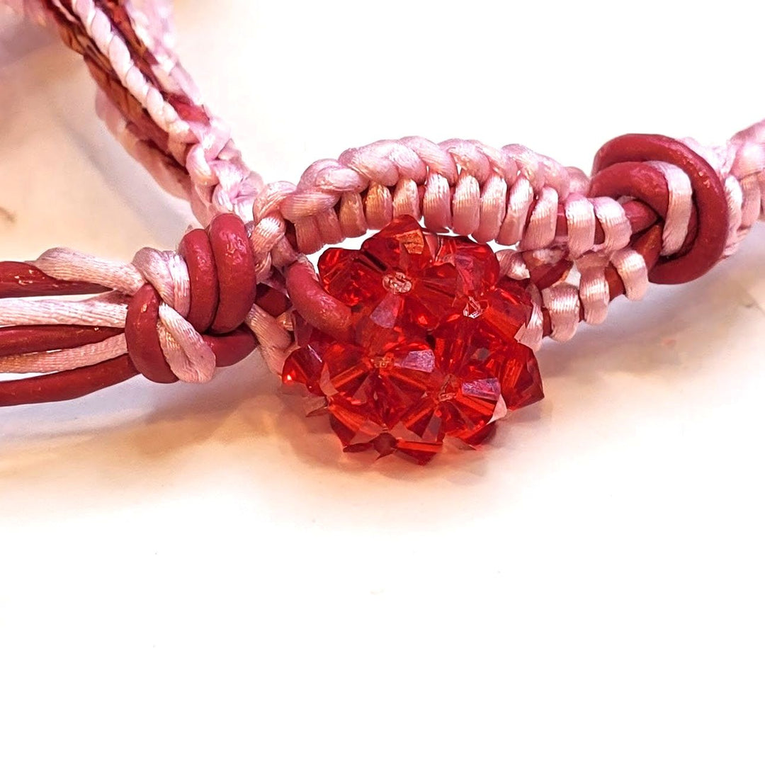 Leather Silk Bead Woven Crystal Button Glam Bracelet