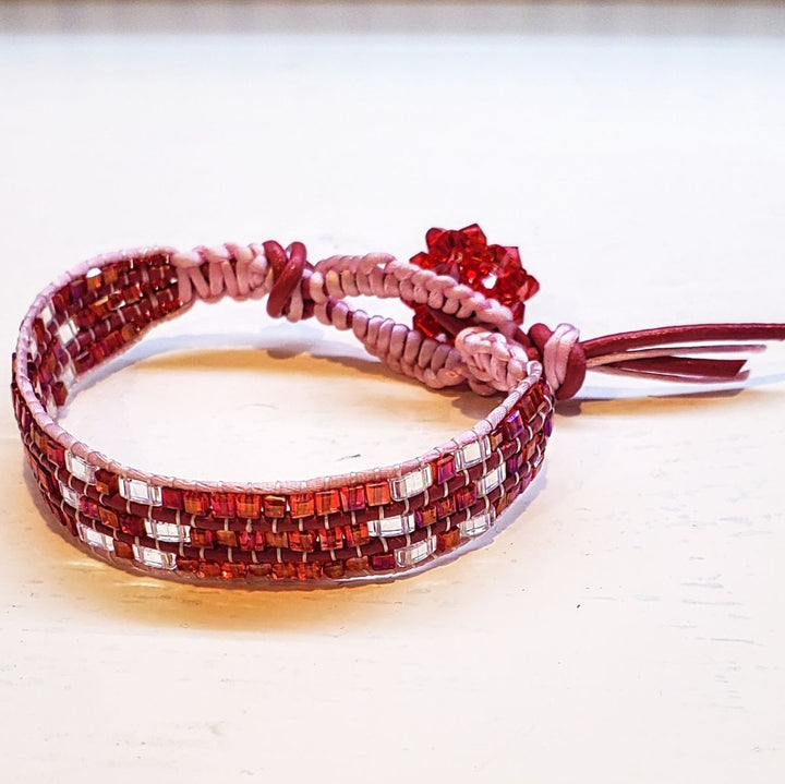 Leather Silk Bead Woven Crystal Button Glam Bracelet