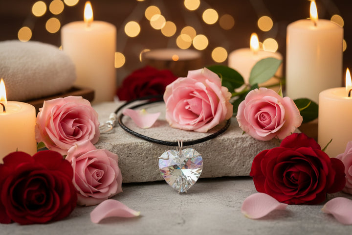 Necklace with a heart-shaped crystal pendant on a white background