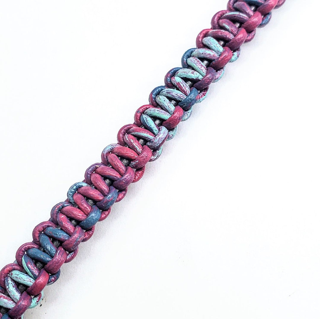 Macrame tie-dye leather Crystal bracelet showcasing bold hand-dyed leather in pink, blue, and black.