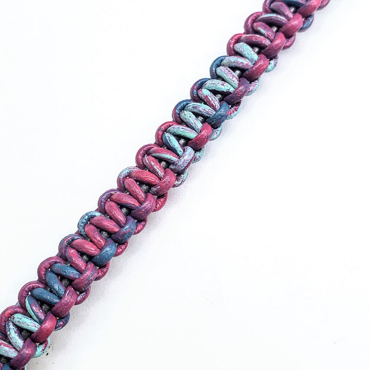 Macrame tie-dye leather Crystal bracelet showcasing bold hand-dyed leather in pink, blue, and black.