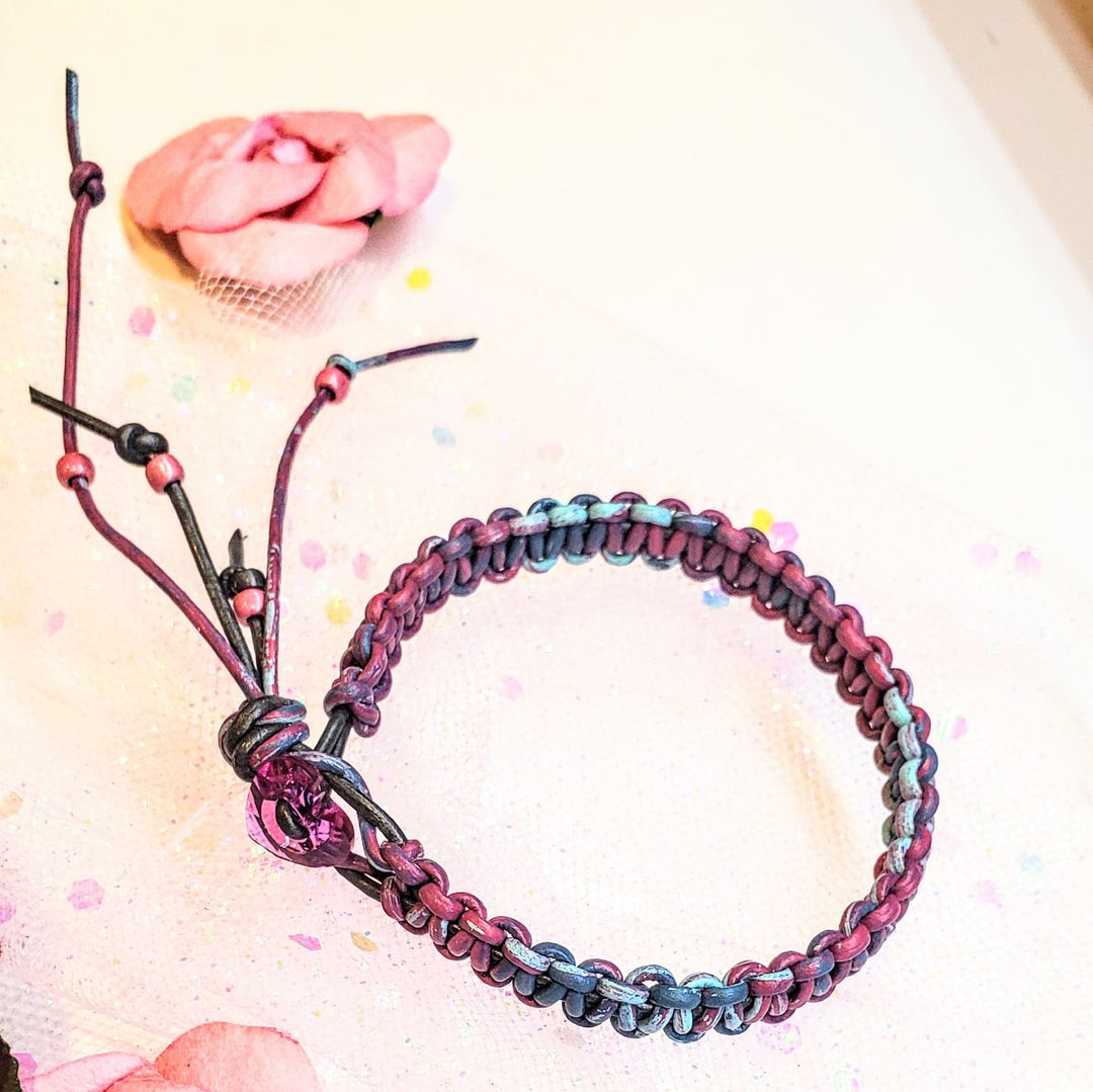 Macrame tie-dye leather Crystal bracelet featuring vibrant hand-dyed colors and a unique woven design.