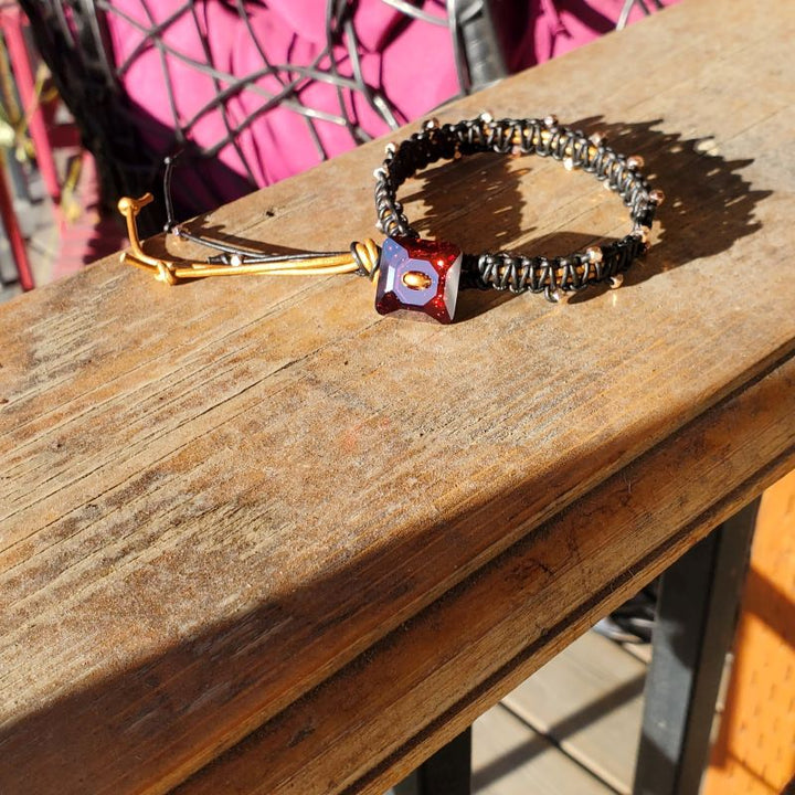 Macrame Black Gold Leather Crystal Glam Bracelet