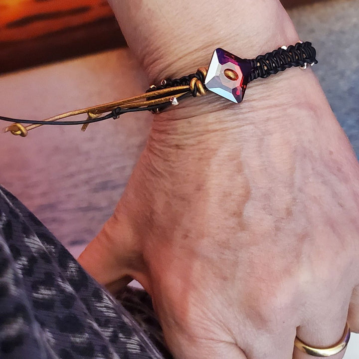 Macrame Black Gold Leather Crystal Glam Bracelet