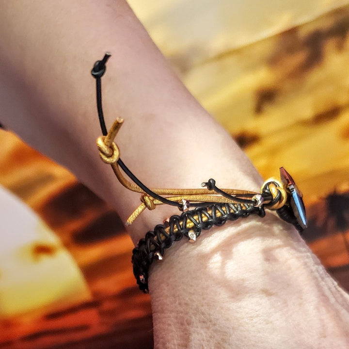Macrame Black Gold Leather Crystal Glam Bracelet