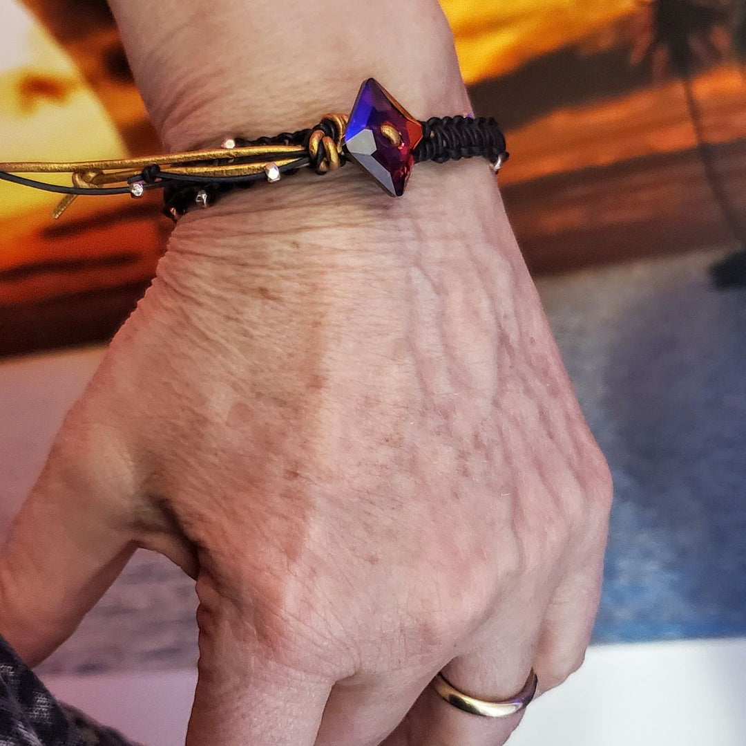 Macrame Black Gold Leather Crystal Glam Bracelet