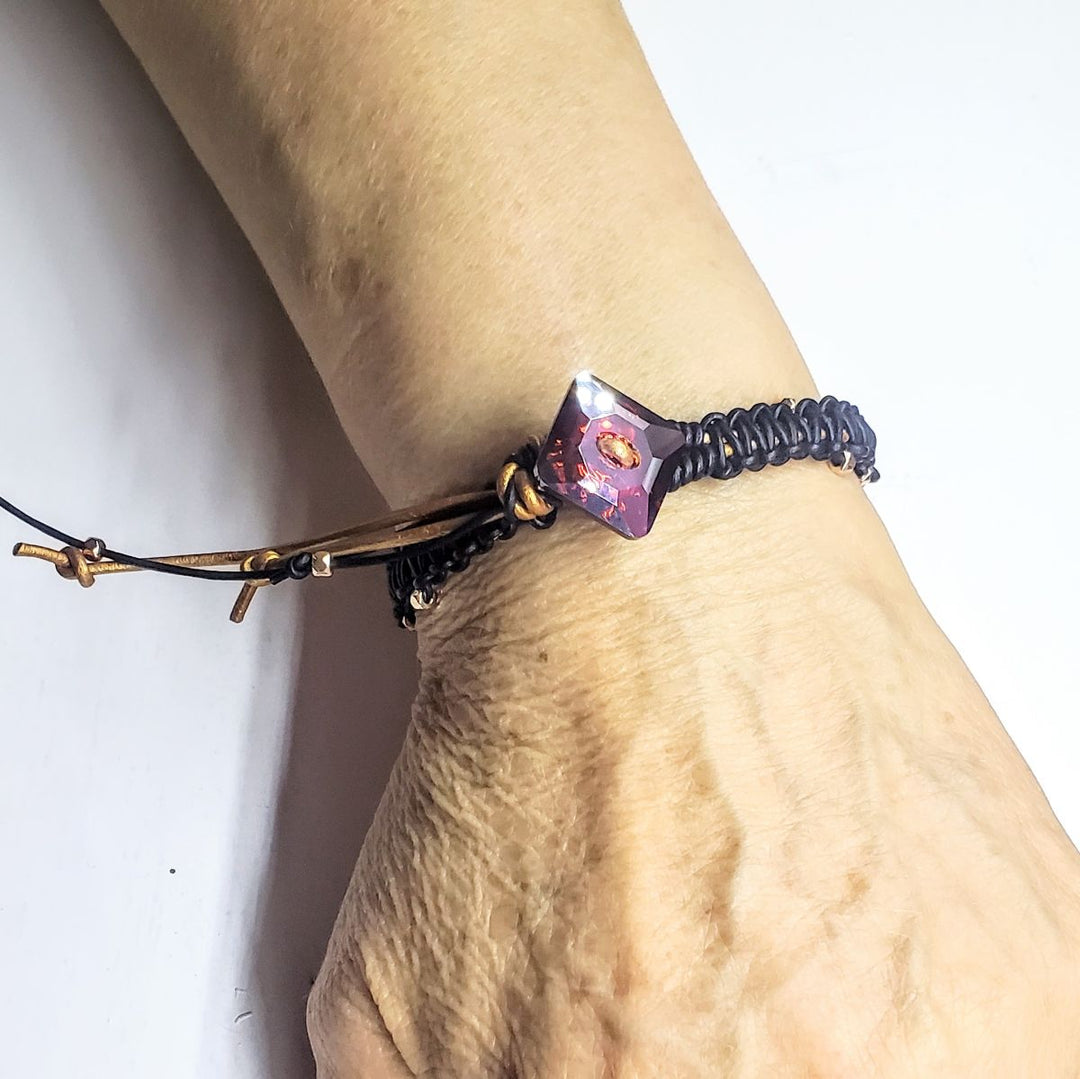 Macrame Black Gold Leather Crystal Glam Bracelet