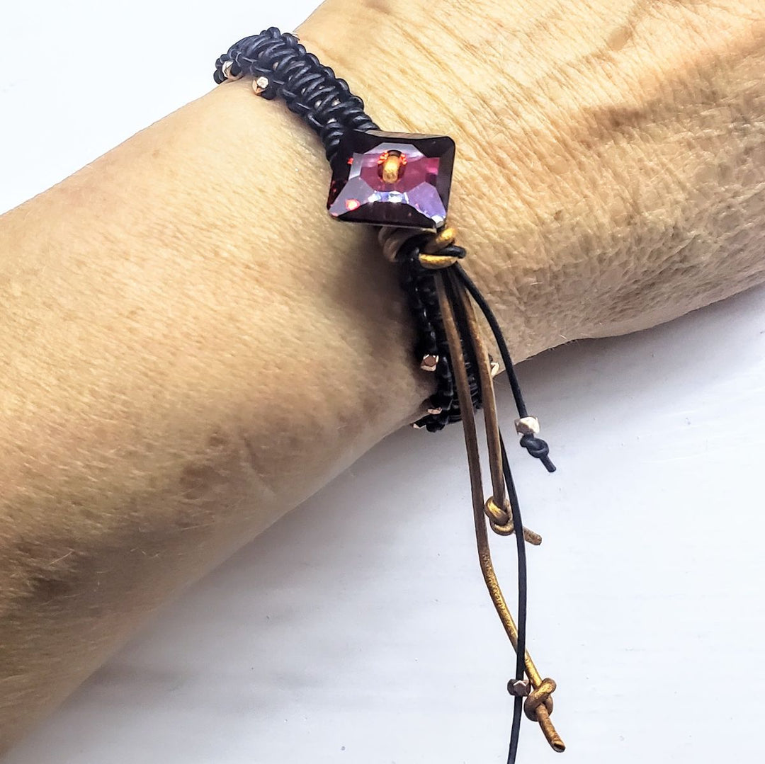 Macrame Black Gold Leather Crystal Glam Bracelet