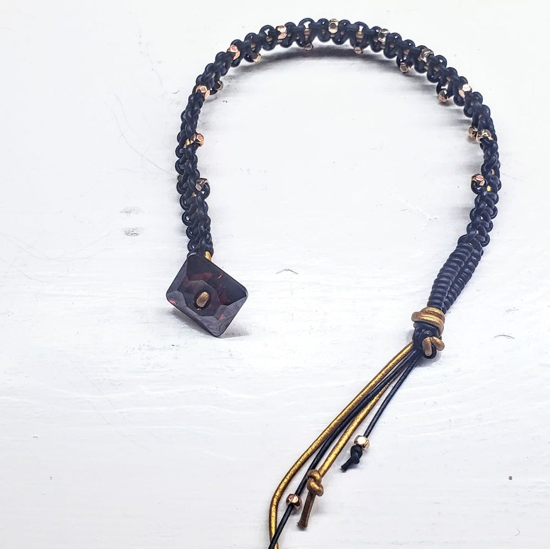 Macrame Black Gold Leather Crystal Glam Bracelet