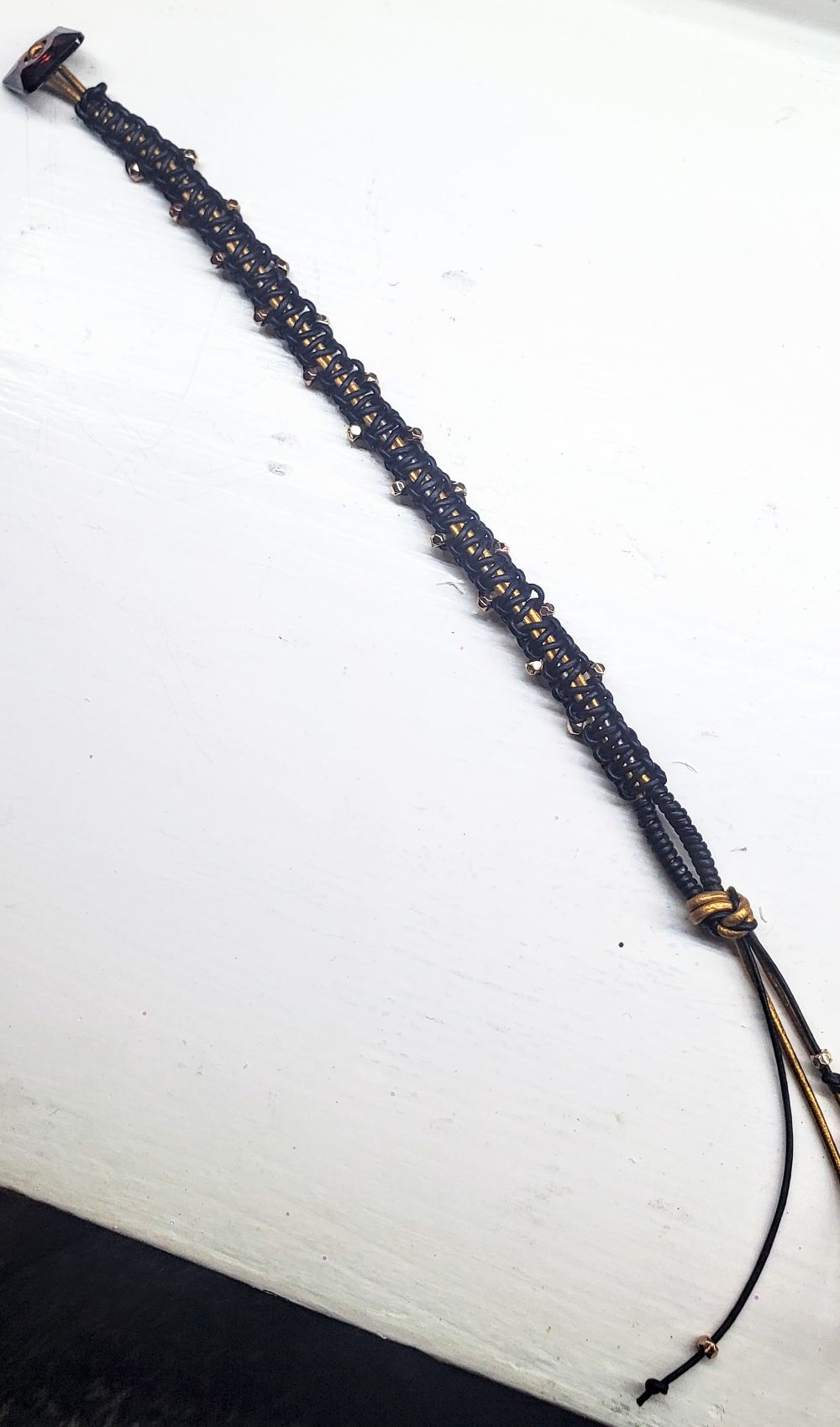 Macrame Black Gold Leather Crystal Glam Bracelet