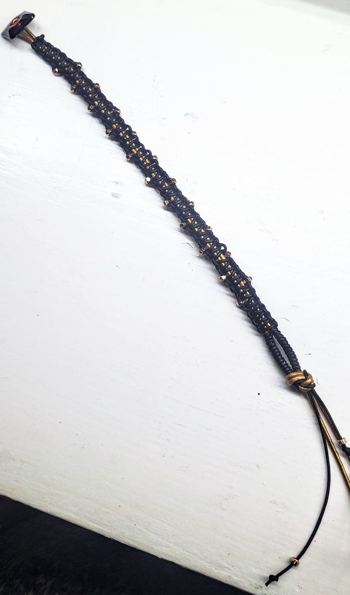 Macrame Black Gold Leather Crystal Glam Bracelet