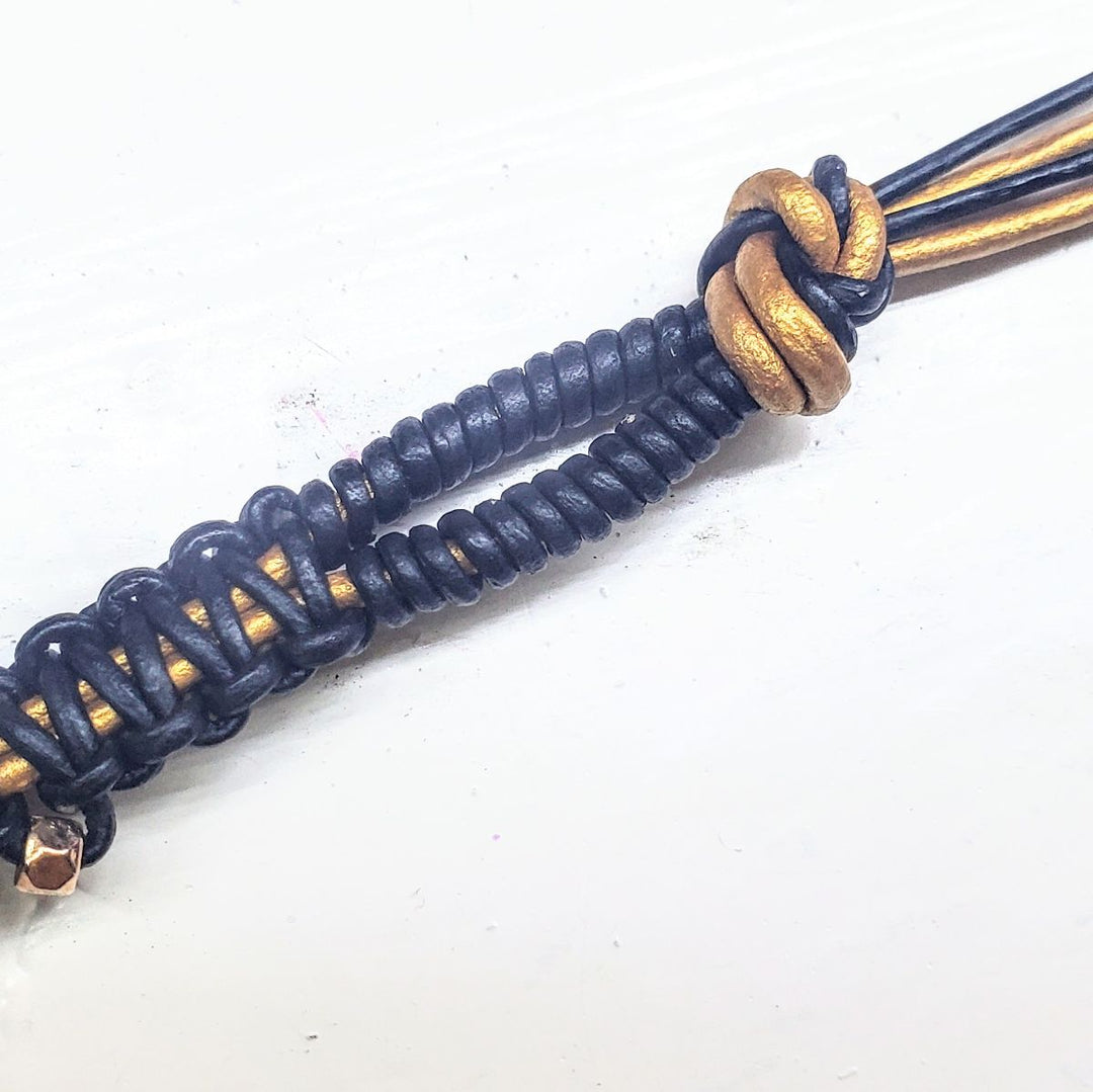 Macrame Black Gold Leather Crystal Glam Bracelet