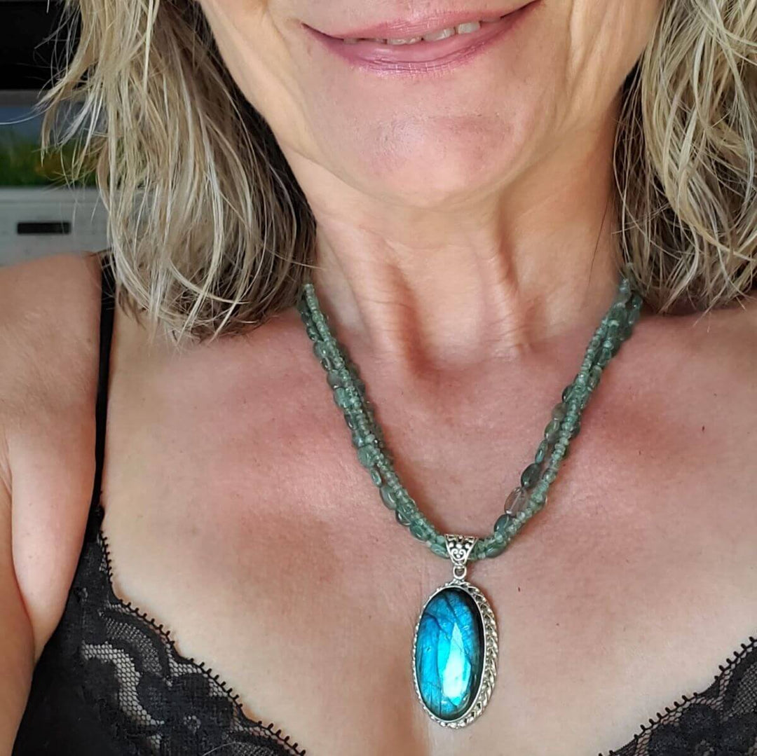 Multi Strand Blue Green Silver Bezel Labradorite Necklace