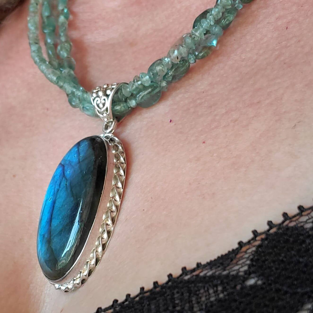 Multi Strand Blue Green Silver Bezel Labradorite Necklace