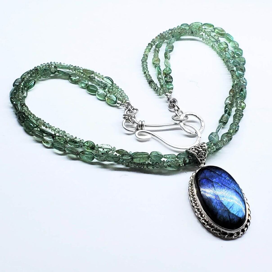 Multi Strand Blue Green Silver Bezel Labradorite Necklace