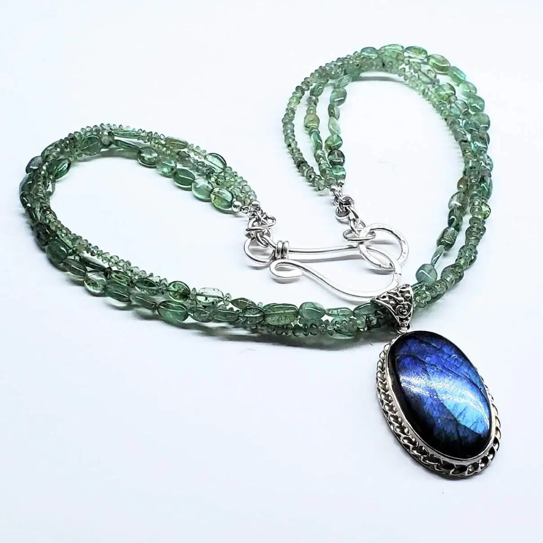 Multi Strand Blue Green Silver Bezel Labradorite Necklace featuring luminous labradorite and delicate strands.