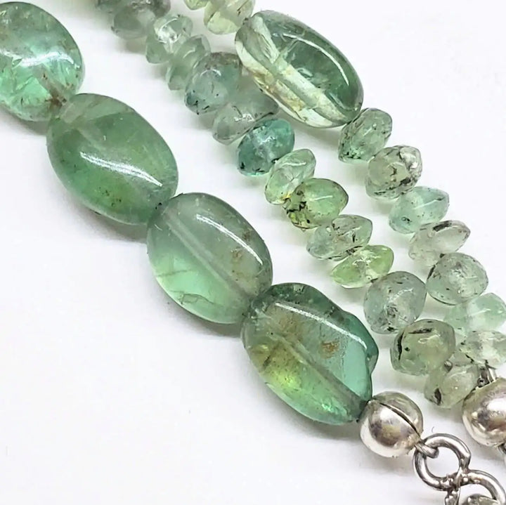 Multi Strand Blue Green Silver Bezel Labradorite Necklace showcasing vibrant labradorite and sterling silver details.