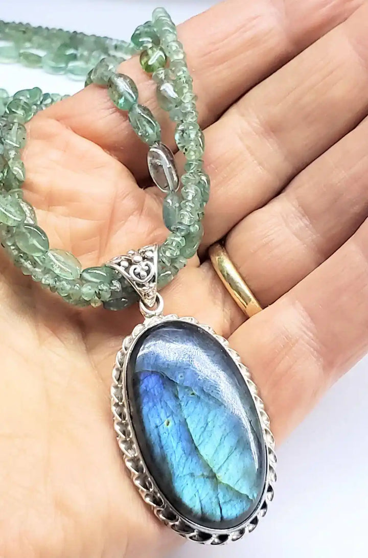 Multi Strand Blue Green Silver Bezel Labradorite Necklace featuring luminous labradorite and sterling silver.
