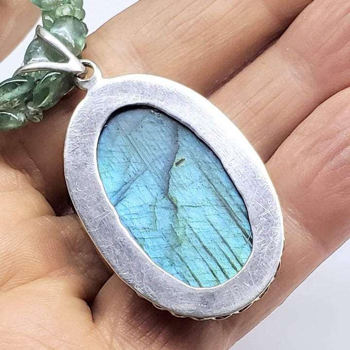 Multi Strand Blue Green Silver Bezel Labradorite Necklace