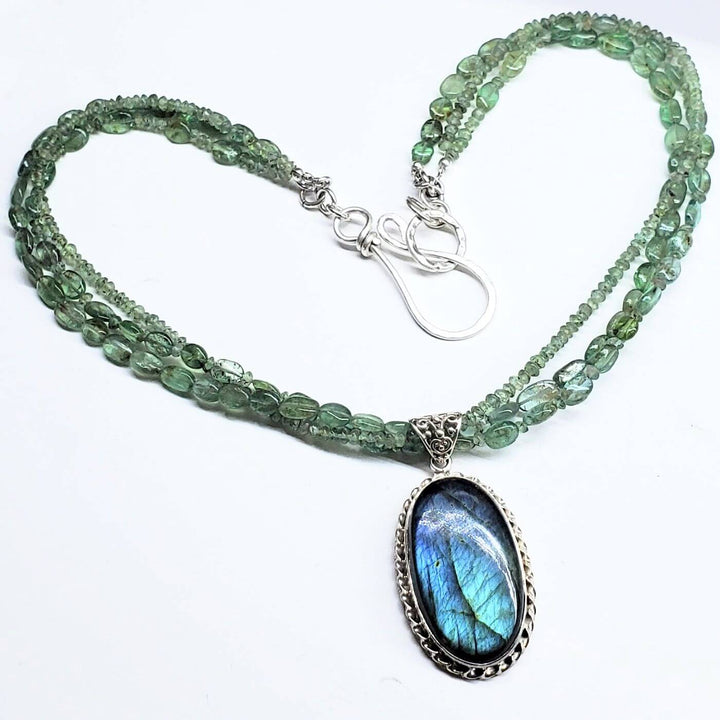 Multi Strand Blue Green Silver Bezel Labradorite Necklace
