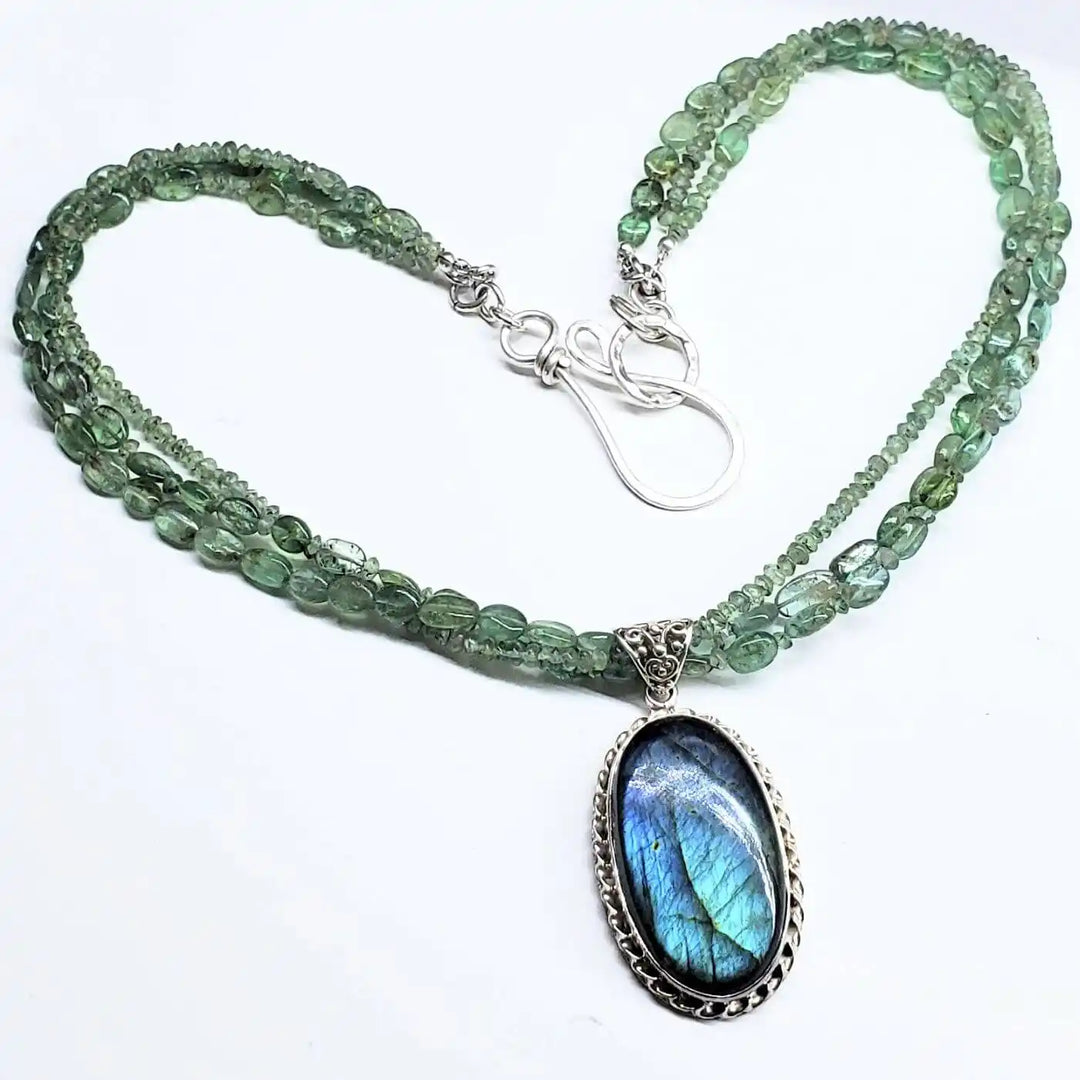 Multi Strand Blue Green Silver Bezel Labradorite Necklace featuring stunning labradorite stone and elegant silver bezel.