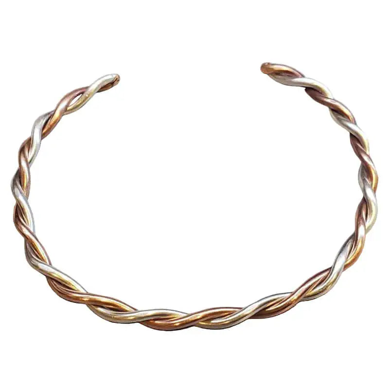 Thick Copper and Sterling Silver Twisted Bangle showcasing handcrafted intertwining design.