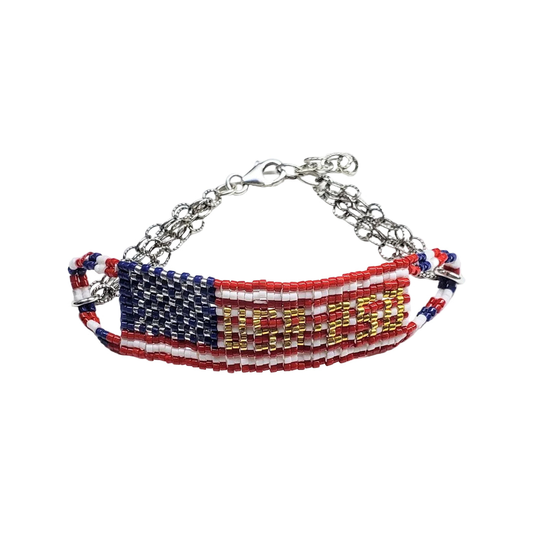 USA 250th Anniversary Beaded Bracelet By Alexa Martha featuring beaded flag design and artisan craftsmanship.