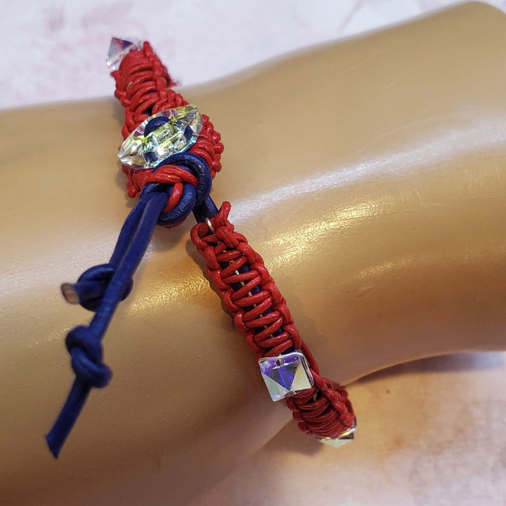 Red White and Blue Macrame Wire Wrapped Crystal Spike Bracelet