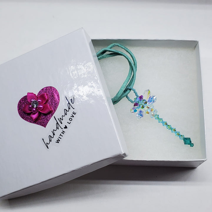Beaded 3-D Rearview Mirror Colored Crystal Dragonfly Charm in a gift box with flower embellishment.