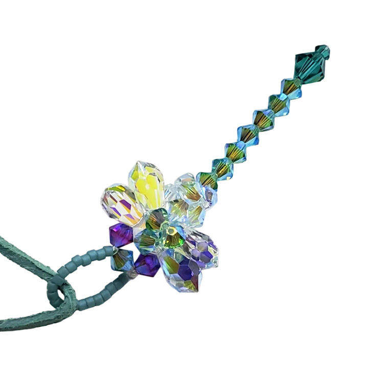 Beaded 3-D Rearview Mirror Colored Crystal Dragonfly Charm with teal and aquamarine Swarovski crystals.