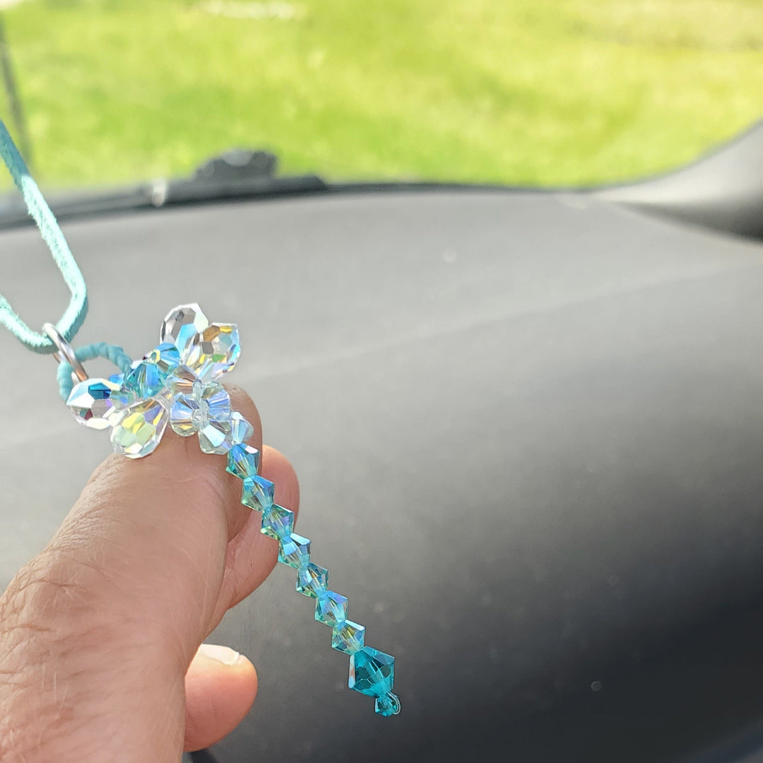 Beaded 3-D Rearview Mirror Colored Crystal Dragonfly Charm hanging from rearview mirror.