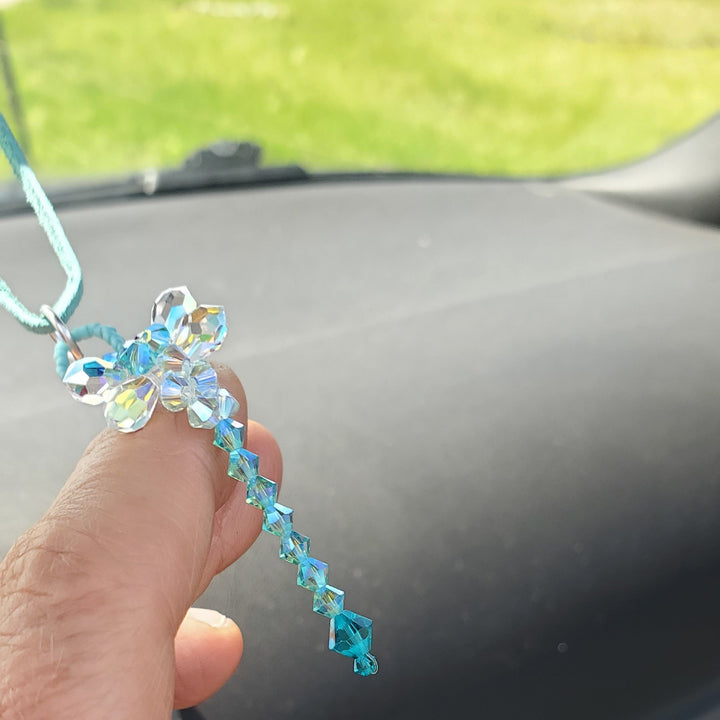 Beaded 3-D Rearview Mirror Colored Crystal Dragonfly Charm hanging from rearview mirror.