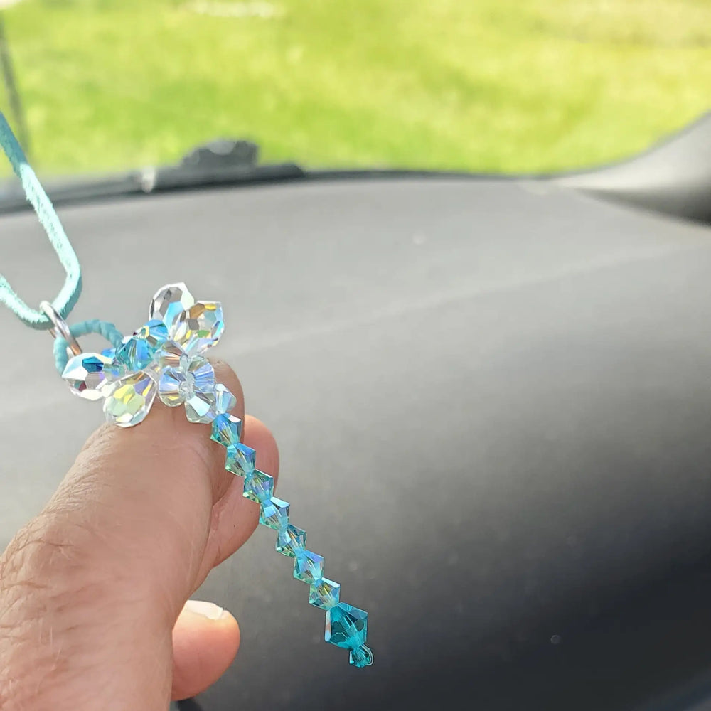 Beaded 3-D Rearview Mirror Colored Crystal Dragonfly Charm hanging from rearview mirror.