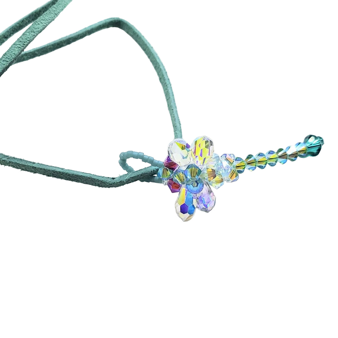 Beaded 3-D Rearview Mirror Colored Crystal Dragonfly Charm on teal cord, showcasing sparkling Swarovski crystals.