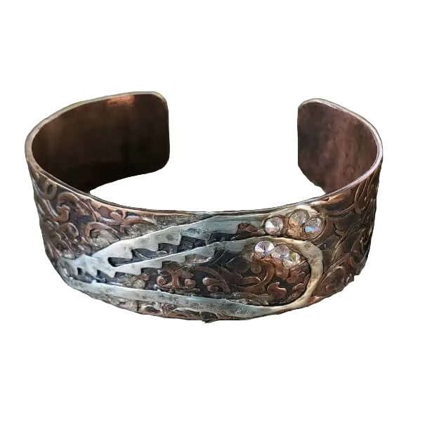 Mixed Metal Angel Wings Frame Cuff featuring copper and silver designs with sparkling Swarovski crystals.