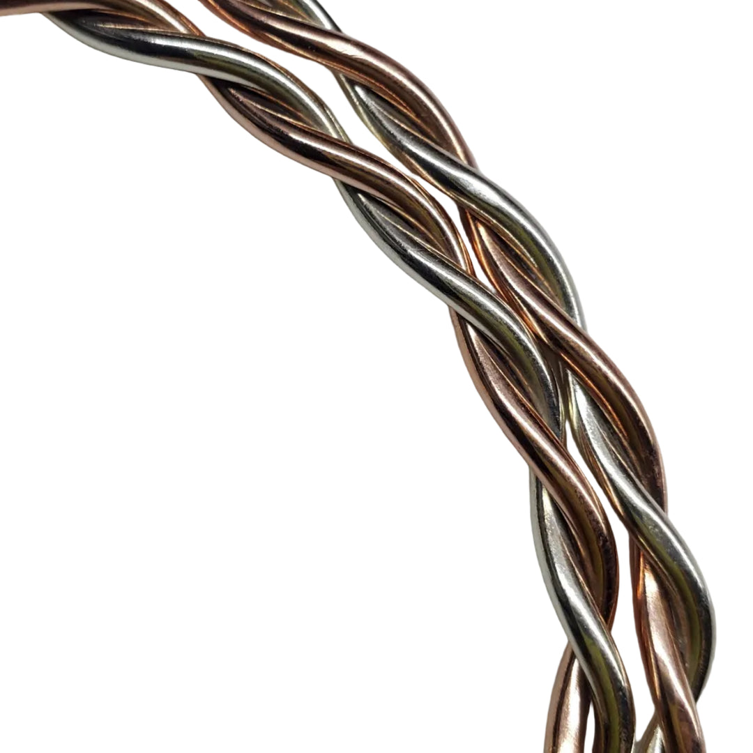 Close-up of intertwined 12-gauge copper and sterling silver wire on a handmade twisted cuff bracelet